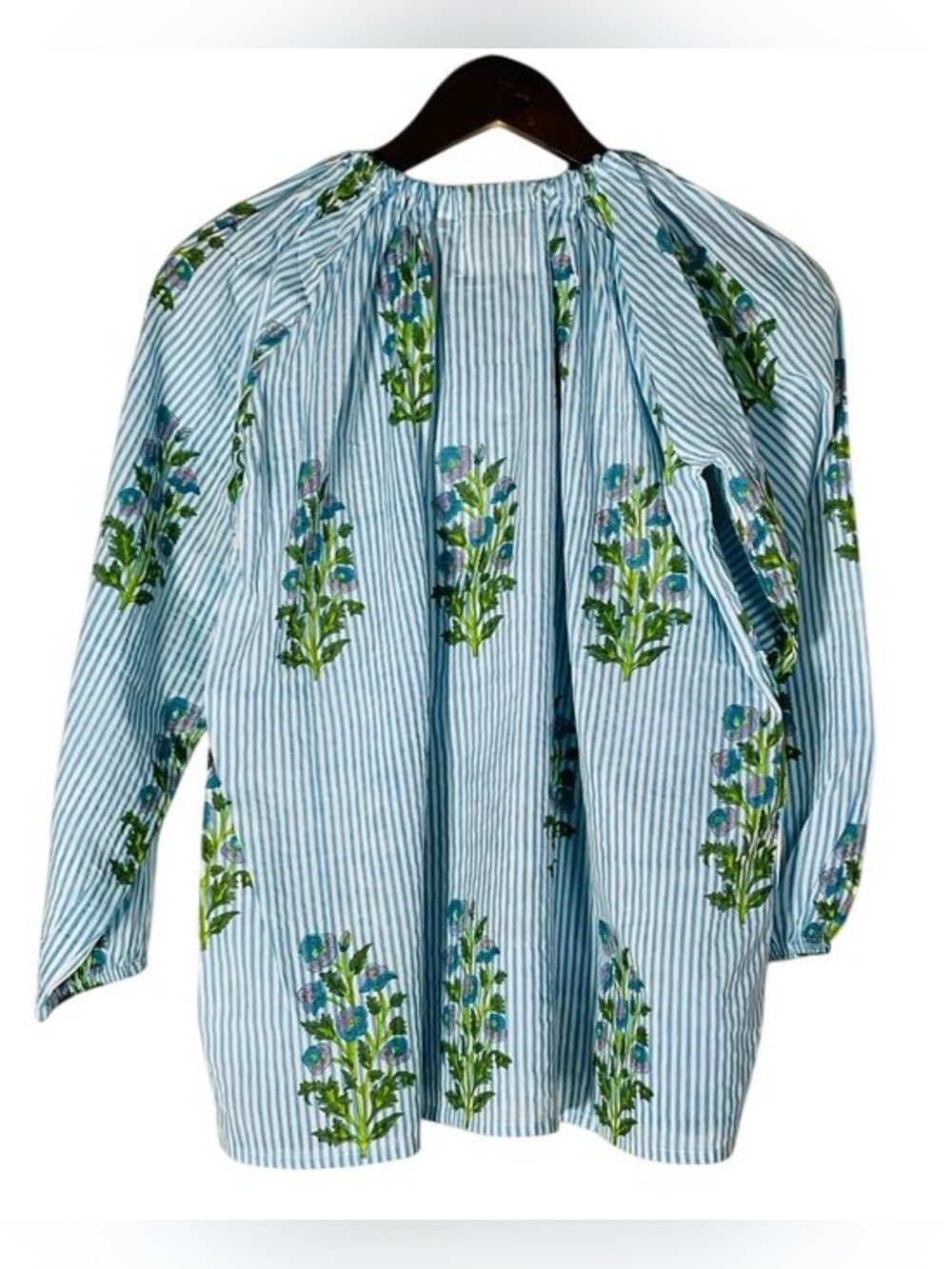 SZ CORNFLOWER BLUE ANEEZA PRINT & THIN STRIPE IDA TOP SIZE SMALL - Picture 3 of 11